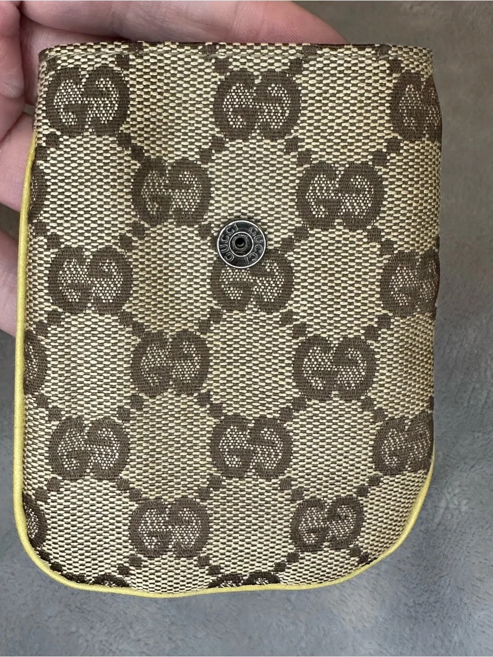 Gucci GG Canvas Mini Pouch Bag Charm Yellow Leather Clip